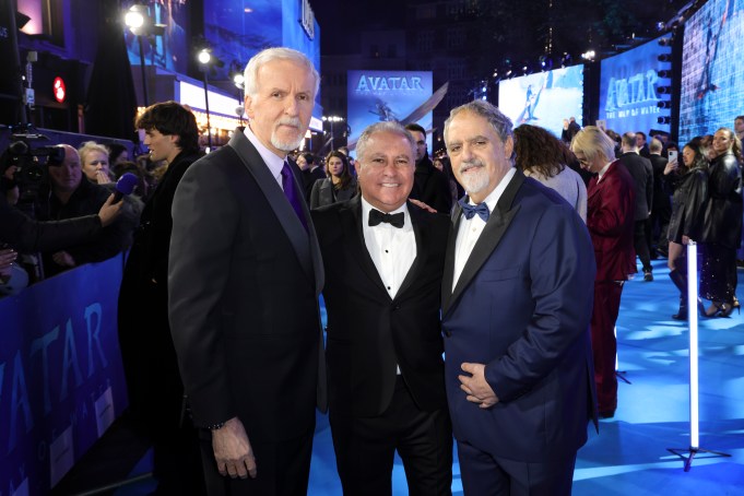 (L to R) Director James Cameron, Alan Bergman and Producer Jon Landau attend the World Premiere of James Cameron's "Avatar: The Way of Water" at the Odeon Luxe Leicester Square on December 06, 2022 in London, England. (Photo by StillMoving.net for Disney)