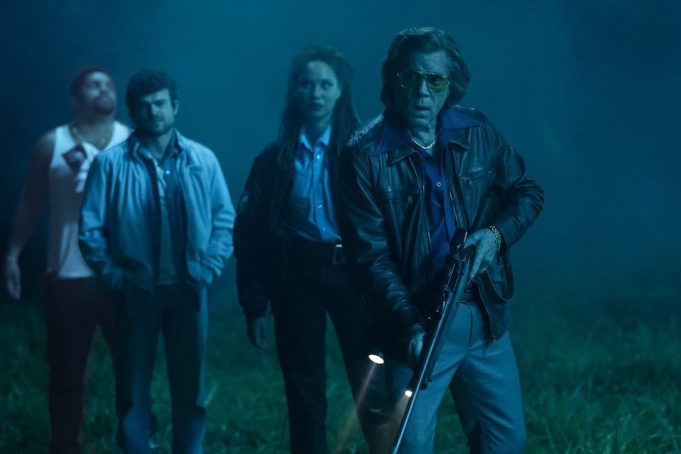 (from left) Daveed (O’Shea Jackson, Jr.), Eddie (Alden Ehrenreich), Officer Reba (Ayoola Smart) and Syd (Ray Liotta) in Cocaine Bear, directed by Elizabeth Banks.