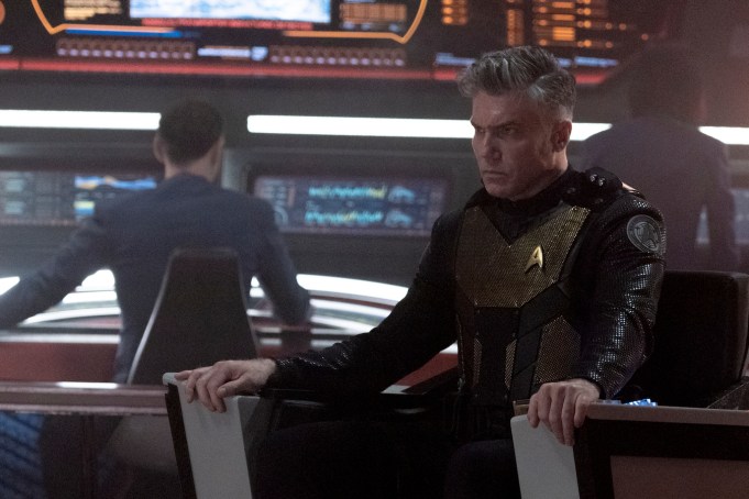 L-R Ethan Peck as Spock and Anson Mount as Capt. Pike in Star Trek: Strange New Worlds streaming on Paramount+, 2023. Photo Credit: Michael Gibson/Paramount+