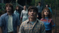 STRANGER THINGS. (L to R) Charlie Heaton as Jonathan Byers, Winona Ryder as Joyce Byers, Millie Bobby Brown as Eleven, Noah Schnapp as Will Byers, David Harbour as Jim Hopper, Natalia Dyer as Nancy Wheeler, and Finn Wolfhard as Mike Wheeler in STRANGER THINGS. Cr. Courtesy of Netflix © 2022
