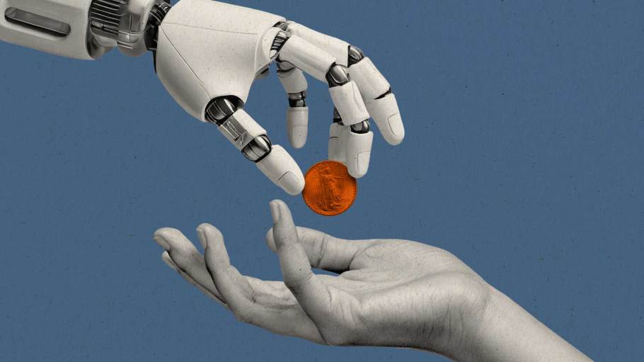 Photo illustration of a robot's hand dropping a coin into a human palm