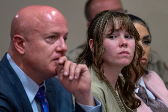 Hannah Gutierrez Reed, center, with her attorney Jason Bowles and paralegal Carmella Sisneros during her sentencing hearing  in First District Court, in Santa Fe, New Mexico, Monday April 15, 2024. Armorer on the set of the Western film “Rust,”Gutierrez Reed was convicted by a jury of involuntary manslaughter in the death of cinematographer Halyna Hutchins who was fatally shot by Alec Baldwin in 2021. Gutierrez Redd was sentenced to 18 months in prison.