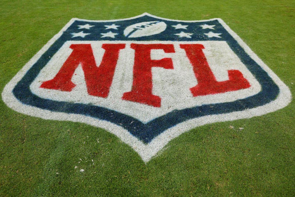 CHICAGO, ILLINOIS - SEPTEMBER 10: A detail of the NFL logo  at Soldier Field after the game between the Chicago Bears and the Green Bay Packers on September 10, 2023 in Chicago, Illinois. (Photo by Michael Reaves/Getty Images)