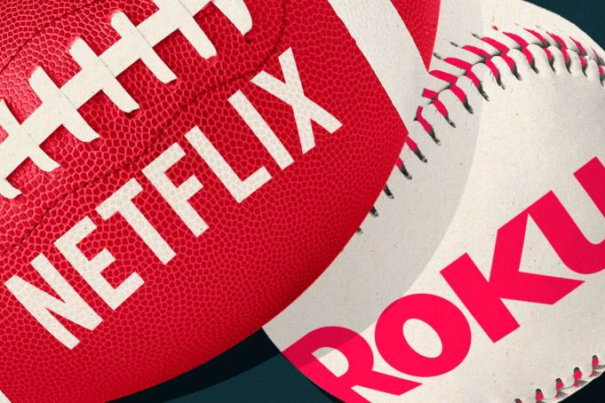 Photo illustration of a football with a Netflix logo and a baseball with a Roku logo