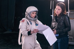 SPACE CADET, from left: Emma Roberts, director Liz W. Garcia, on set, 2024. ph: Eric Liebowitz /© Amazon Prime Video / Courtesy Everett Collection