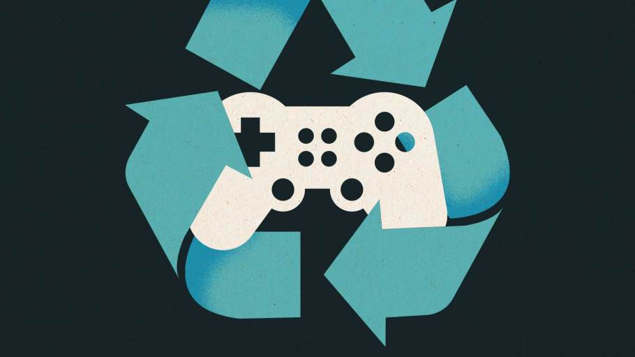 Illustration of a video game controller surrounded by a recycle icon