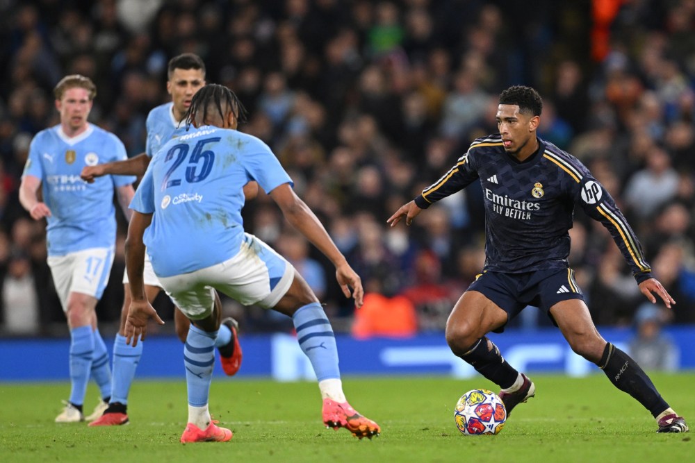 MANCHESTER, ENGLAND - APRIL 17: Real Madrid player Jude Bellingham in action during the UEFA Champions League quarter-final second leg match between Manchester City and Real Madrid CF at Etihad Stadium on April 17, 2024 in Manchester, England.