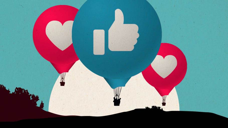 Illustration of hot air balloons with social media reaction icons on them