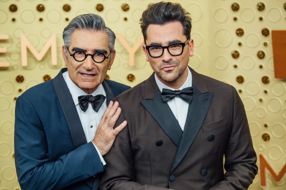 LOS ANGELES, CALIFORNIA - SEPTEMBER 22: (EDITORS NOTE: Image has been edited using digital filters) Eugene Levy and Dan Levy arrive at the 71st Emmy Awards at Microsoft Theater on September 22, 2019 in Los Angeles, California. (Photo by Emma McIntyre/Getty Images)