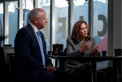 Minnesota Gov. Tim Walz and Vice President Kamala Harris are interviewed by CNN’s Dana Bash at Kim’s Cafe in Savannah, Georgia, on August 29, 2024. This is the first time Harris has sat with a journalist for an in-depth, on-the-record conversation since President Joe Biden ended his presidential bid in July. (Will Lanzoni/CNN)