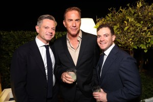 BEVERLY HILLS, CALIFORNIA - SEPTEMBER 13: (L-R) Andrew Dunlap, Co-Head, Talent, WME, Kevin Costner and Max Maulitz, artner, WME, attend the 2024 WME Emmy Party at Waldorf Astoria Beverly Hills on September 13, 2024 in Beverly Hills, California. (Photo by Eric Charbonneau/WME via Getty Images)