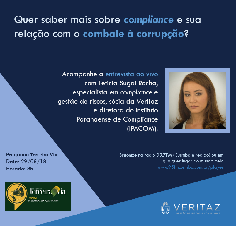 Chamada para entrevista ao vivo de compliance e anticorrupção na rádio 95,7FM por Letícia Sugai