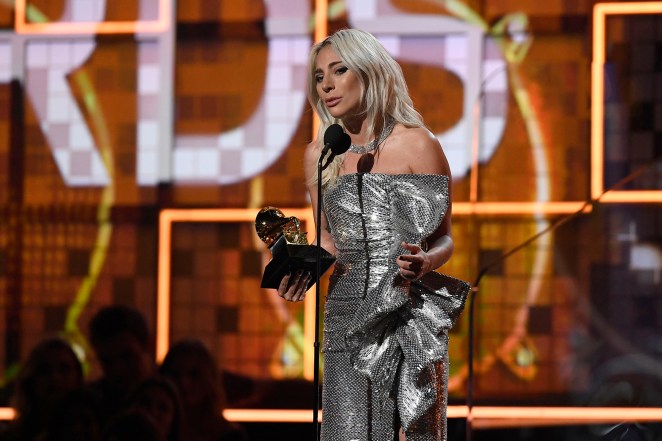 LOS ANGELES, CALIFORNIA - FEBRUARY 10: Lady Gaga accepts Best Pop Duo/Group Performance for 'Shallow' onstage during the 61st Annual GRAMMY Awards at Staples Center on February 10, 2019 in Los Angeles, California. (Photo by Kevork Djansezian/Getty Images)