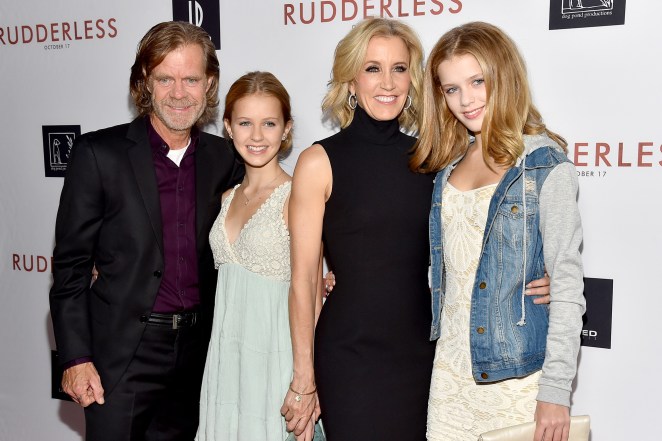 William H. Macy, Grace Macy, and Felicity Huffman with daughters Georgia Macy and Sophia Macy at a screening of Rudderless in 2014. 