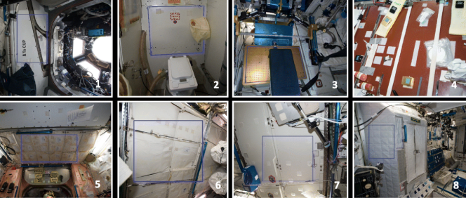 The eight sample rooms on the ISS: Location #1, port panel next to cupola (Node 3); location #2, waste and hygiene compartment (node 3); location #3, advanced resistive exercise device (ARED) foot platform (node 3); location #4, dining table (node 1); location #5, zero G stowage rack (node 1); location #6, permanent multipurpose module (PMM) port 1 (PMM); location #7, panel near portable water dispenser (LAB); and location #8, port crew quarters, bump out exterior aft wall (node 2)