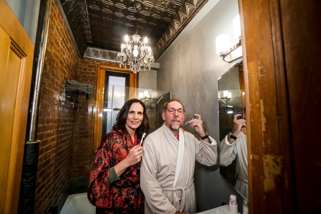Melissa and Joel Smith have a tin ceiling in their Chelsea apartment's bathroom.