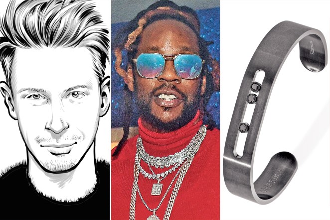 Rapper 2 Chainz (middle); <a href="https://www.londonjewelers.com/brand/messika.html" target="_blank" rel="noopener">Messika Paris</a> “Move Titanium” black bangle, $1,860 (right).