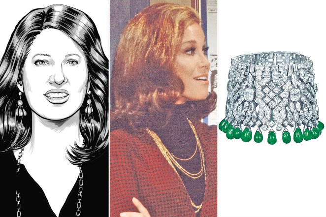 Mary Tyler Moore (middle); <a href="https://www.londonjewelers.com/brand/van-cleef-arpels.html" target="_blank" rel="noopener">Van Cleef & Arpels</a> “Manchette” platinum bracelet with diamonds and emeralds, price upon request (right).