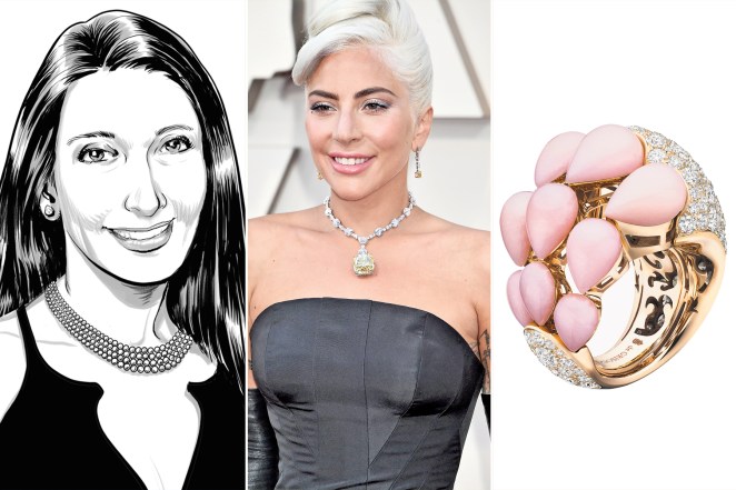 Lady Gaga (middle); <a href="https://www.londonjewelers.com/brand/de-grisogono.html" target="_blank" rel="noopener">de Grisogono</a> “India” pink-gold ring with white diamonds and pink opals, $38,100 (right).
