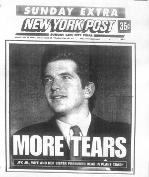 New York Post front page July 1999. John Kennedy and wife Carolyn Bessette killed in plane crash.