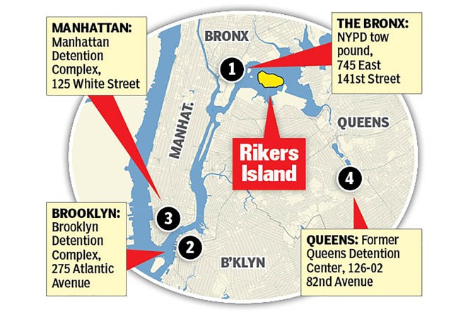 A map of Rikers Island and the four proposed jails.