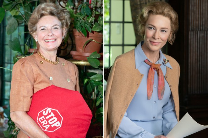 Phyllis Schlafly and Cate Blanchett who portrays her in “Mrs. America.”