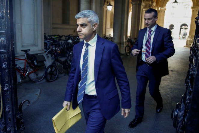 Mayor of London Sadiq Khan is seen outside Downing Street in London. 