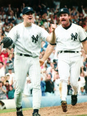 Jim Abbott celebrates his no-hitter with Wade Boggs