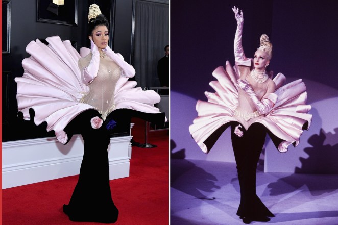 Cardi B in archival Mugler couture (L) and the look as it originally appeared on the designer's fall 1995 runway (R).