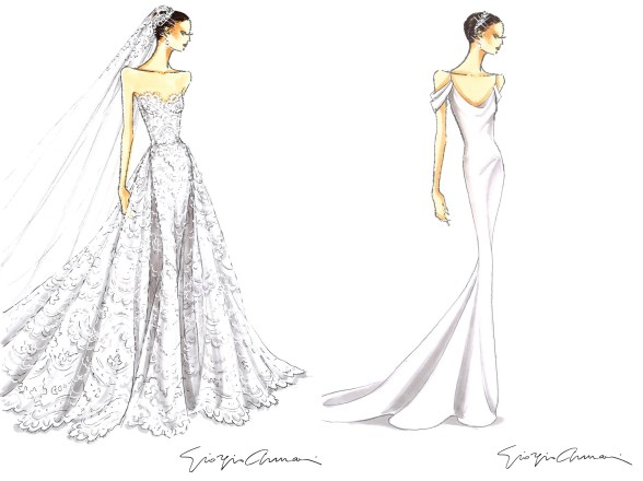 Armani's sketches of Schwarzenegger's wedding gown (L) and her reception dress (R)