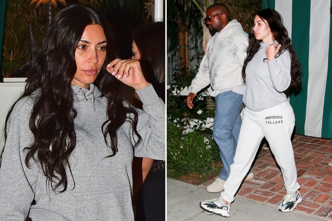 Kim Kardashian and Kanye West step out in casual looks in Santa Monica, California.