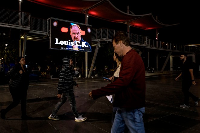 A billboard showing Louis C.K.'s show in Israel 