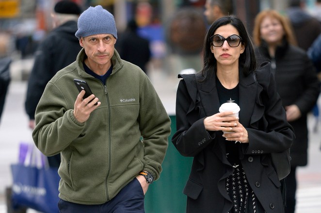 Anthony Weiner and Huma Abedin step out together on February 12, 2020. 