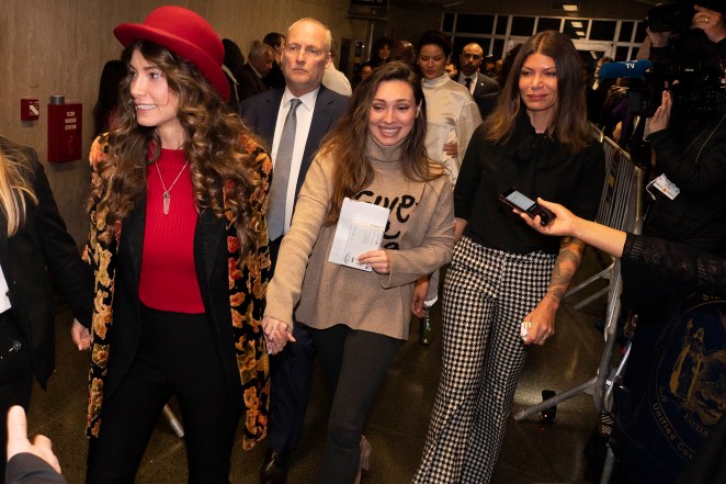 Lauren Young, left, Jessica Mann and Dawn Dunning, right, leave court after Harvey Weinstein is sentenced to 23 years in jail. Photos by