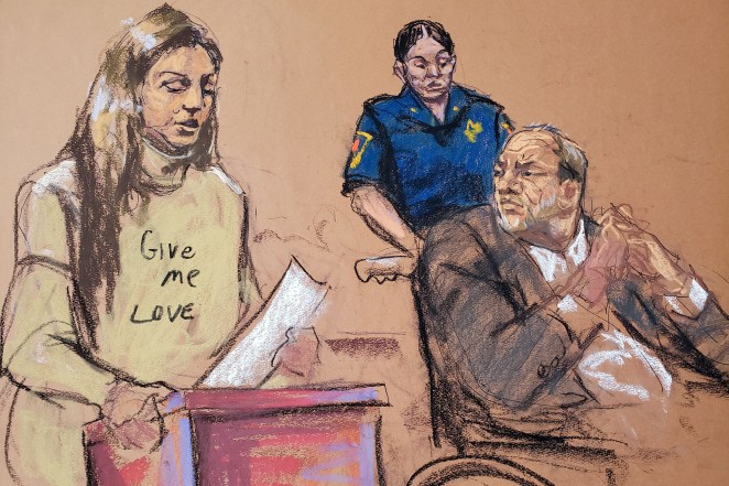 Harvey Weinstein watches as Jessica Mann makes a statement during the sentencing following his conviction on sexual assault and rape charges in the Manhattan borough of New York City, New York, U.S. March 11, 2020 in this courtroom sketch. 