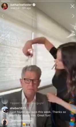 Katharine McPhee snips away at husband David Foster's hair on Instagram Live.