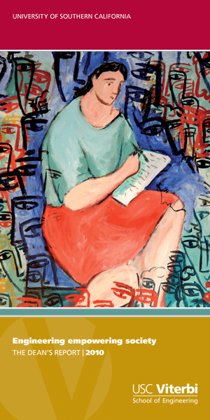 Cover of the 2010 Dean’s Report titled 'Engineering Empowering Society', featuring an abstract painting of a person seated and reading, symbolizing contemplation and the impact of engineering on society.