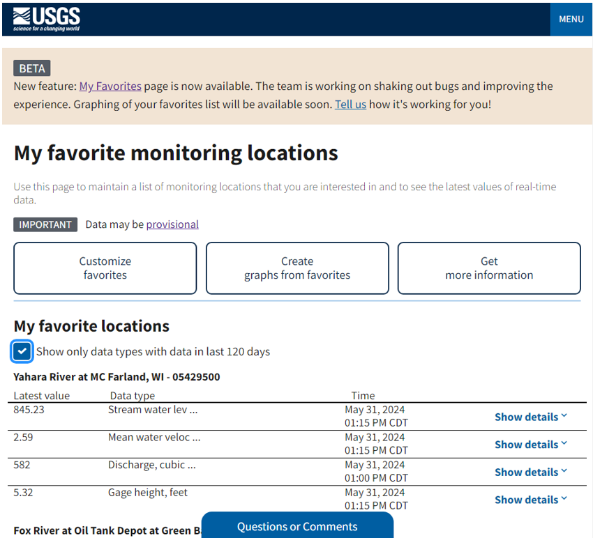 My Favorites featuring a series of buttons for you to change what locations and data are on the list, interact with the Combined Location Graph and My Favorites-graphed, and interact with the underlying data on the page. This is paired with a list of the latest real-time data for all locations for easy at-a-glance information