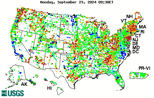 Stream gage levels in The United States, relative to 30 year average.