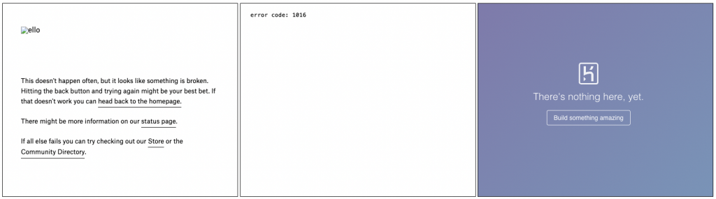 Three screenshots of errors from the Ello homepage.