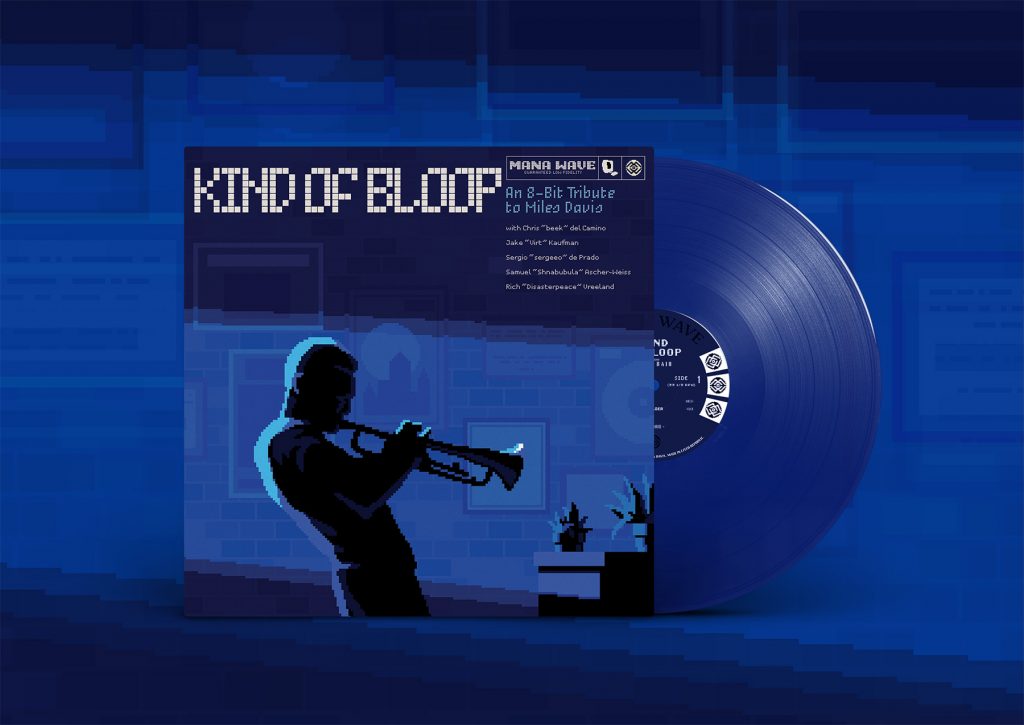 Mockup of the Kind of Bloop album with moody blue pixel art of a man playing trumpet in silhouette and the blue vinyl album halfway out of sleeve