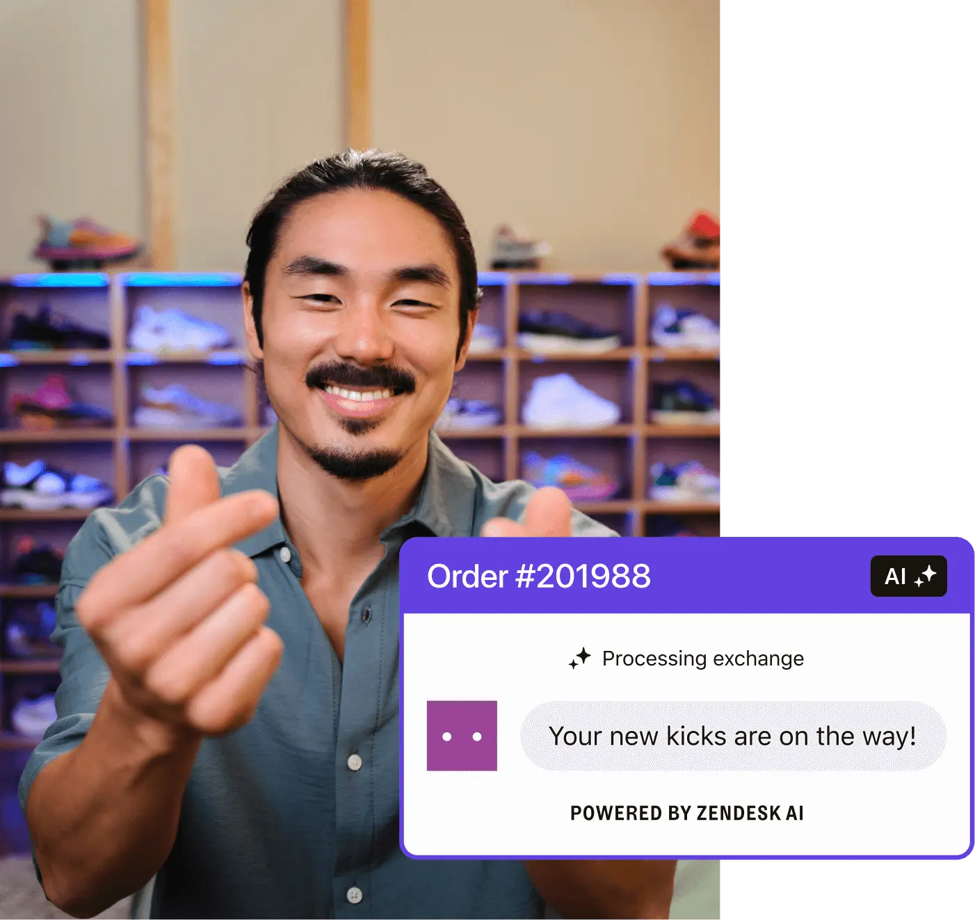 A man smiles and makes heart shapes with his fingers. Behind him is a large cabinet filled with colourful sneakers. A screenshot placed on top of the image shows a customer service interaction where an AI-powered bot is automatically processing a sneaker return.