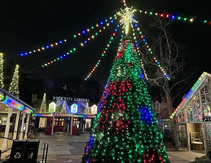 Staff photo by Jennifer McNally / An addition to Rock City's Enchanted Garden of Lights this year is a 25-foot Christmas tree, seen Wednesday in the park's courtyard known this time of year as "The North Pole."