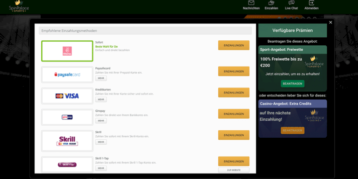 Spin Palace Sports Zahlungen
