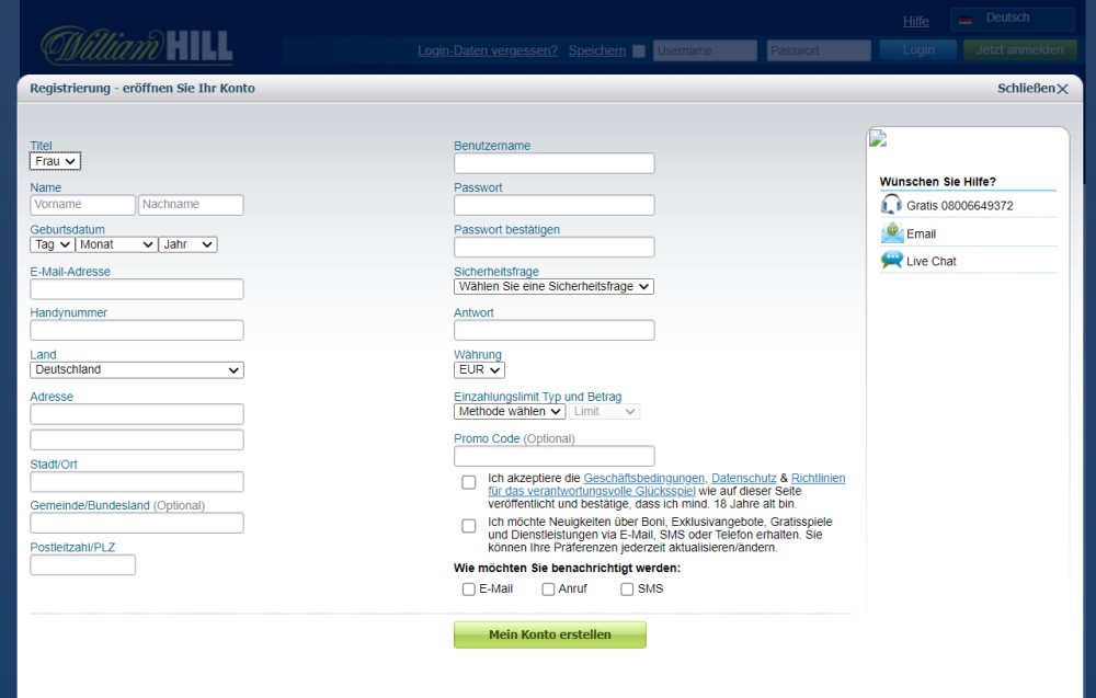 William Hill Anmeldung