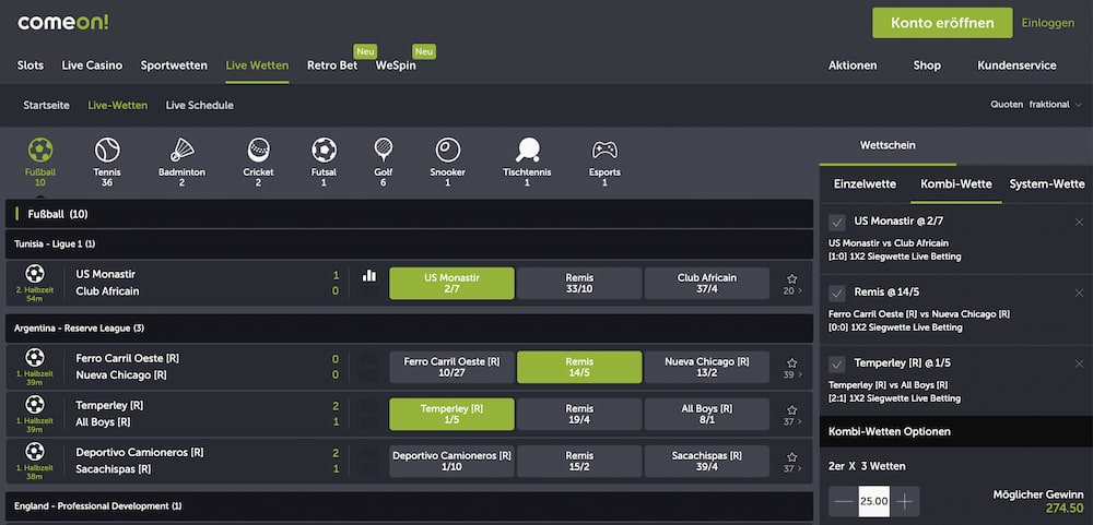 ComeOn Live Wetten