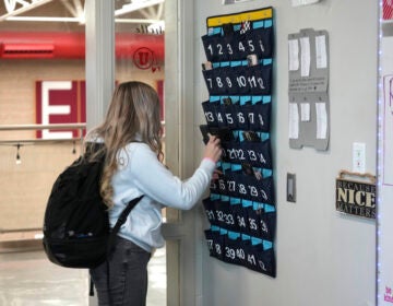 A ninth grader places her cellphone in to a phone holder as she enters class at Delta High School, Friday, Feb. 23, 2024, in Delta, Utah. At the rural Utah school, there is a strict policy requiring students to check their phones at the door when entering every class. Each classroom has a cellphone storage unit that looks like an over-the-door shoe bag with three dozen smartphone-sized slots. (AP Photo/Rick Bowmer)