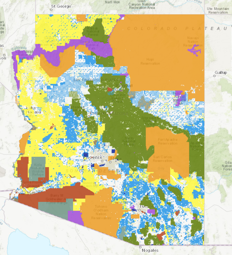 Arizona Map showing land management in different colors by agency management