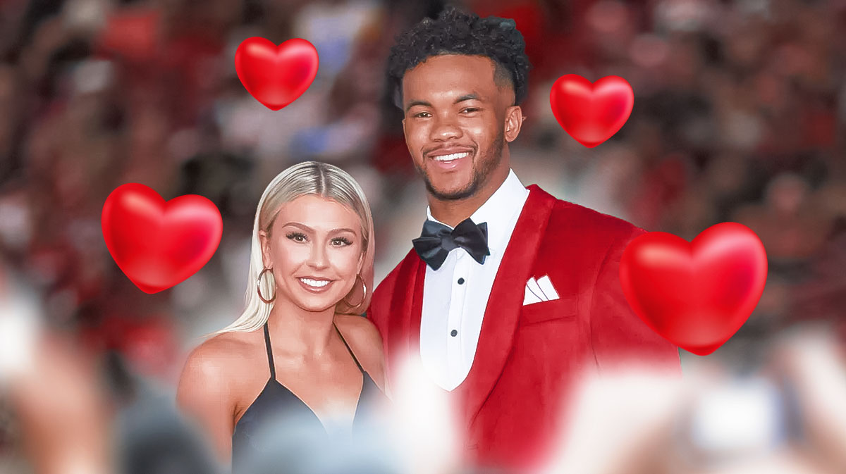 Morgan LeMasters and Kyler Murray surrounded by hearts.