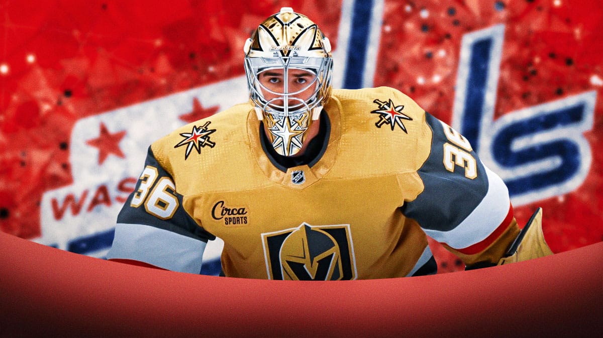 Logan Thompson in Golden Knights jersey, Capitals logo in background, hockey rink